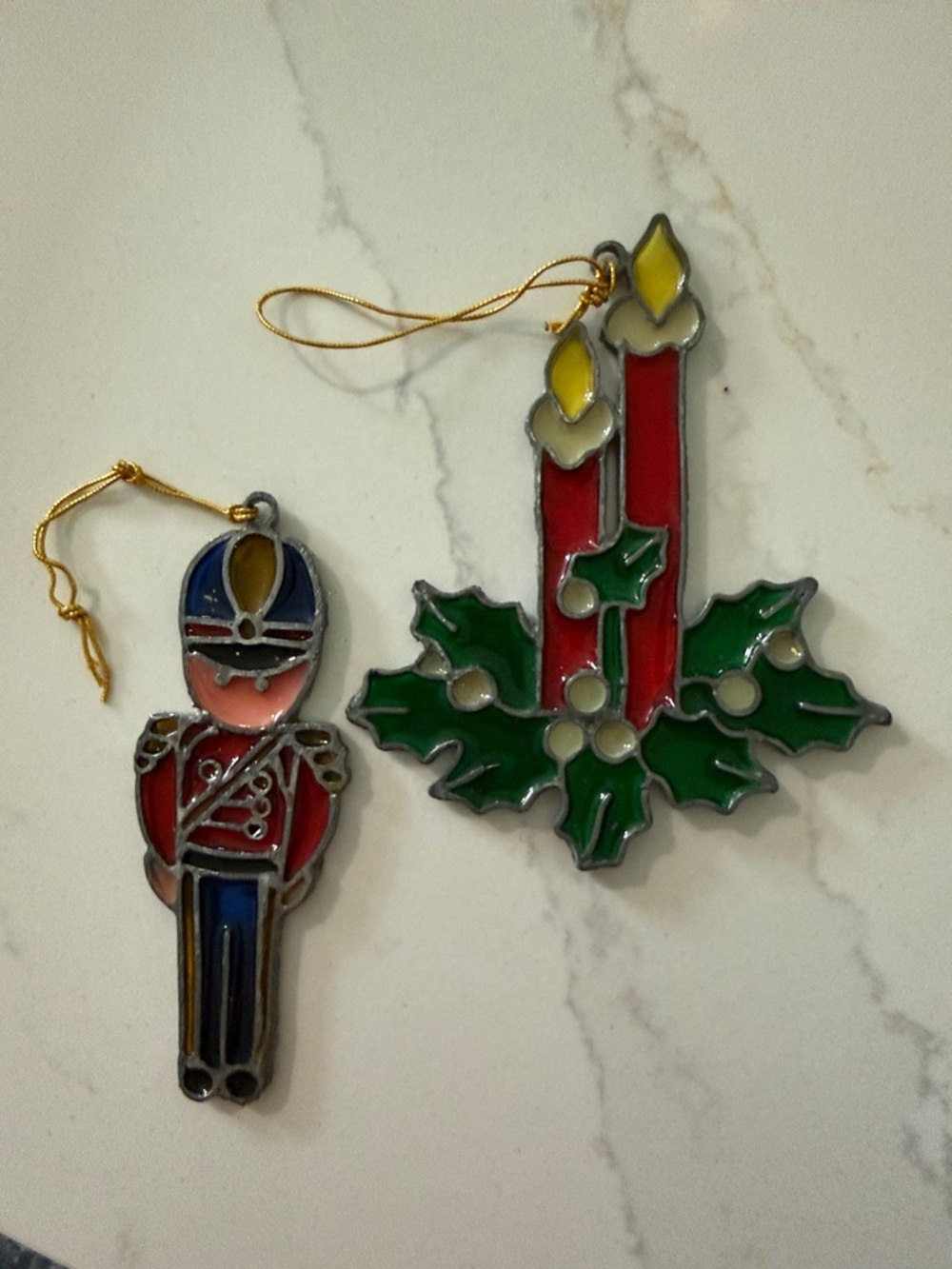 Vintage 1979 and 1980 Kurt Adler Stained Glass Christmas Ornamanets. Sold as set